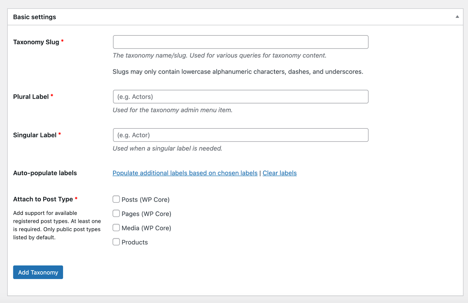 basic settings for a taxonomy