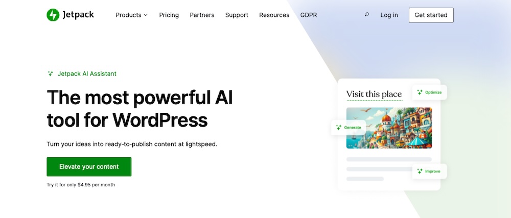 Jetpack AI page with the text "the most powerful AI tool for WordPress"