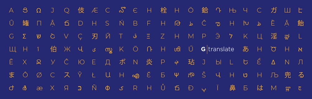 blue background with yellow letters in a variety of languages