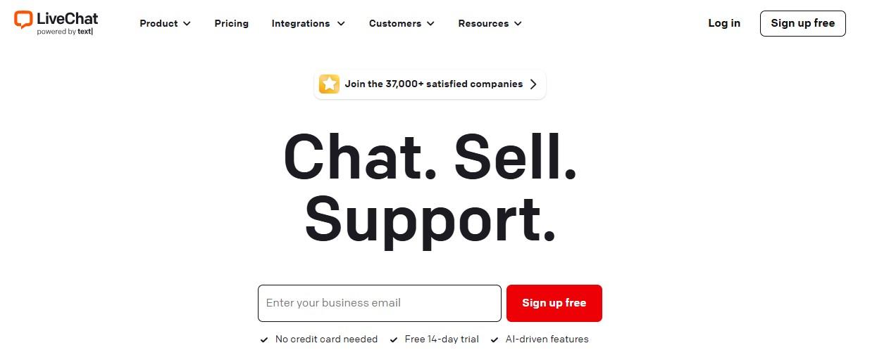 LiveChat homepage with the text "Chat. Sell. Support."