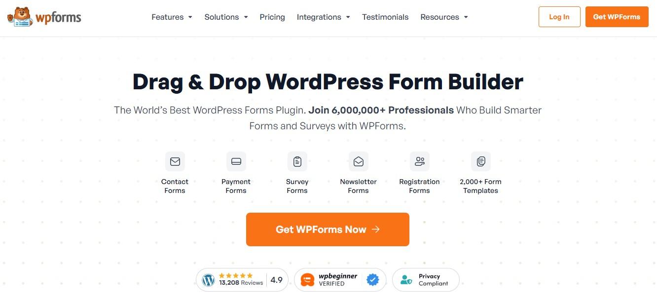 wpforms homepage with text "Drag & drop WordPress form builder"
