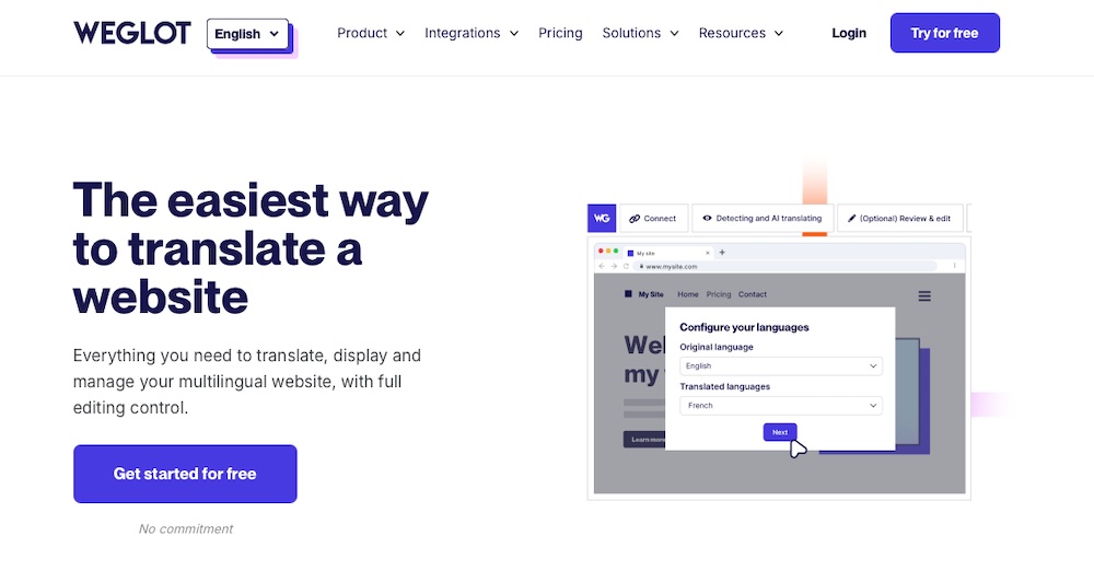 Weglot homepage with a screenshot of the tool and the text "the easiest way to translate a website"