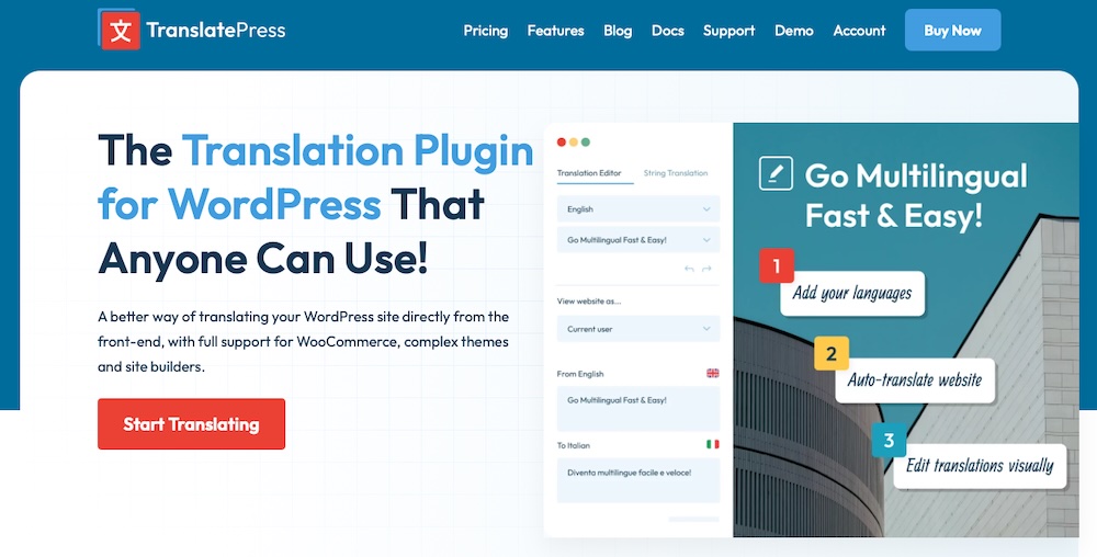 TranslatePress homepage with text, "the translation plugin for WordPress that anyone can use!"