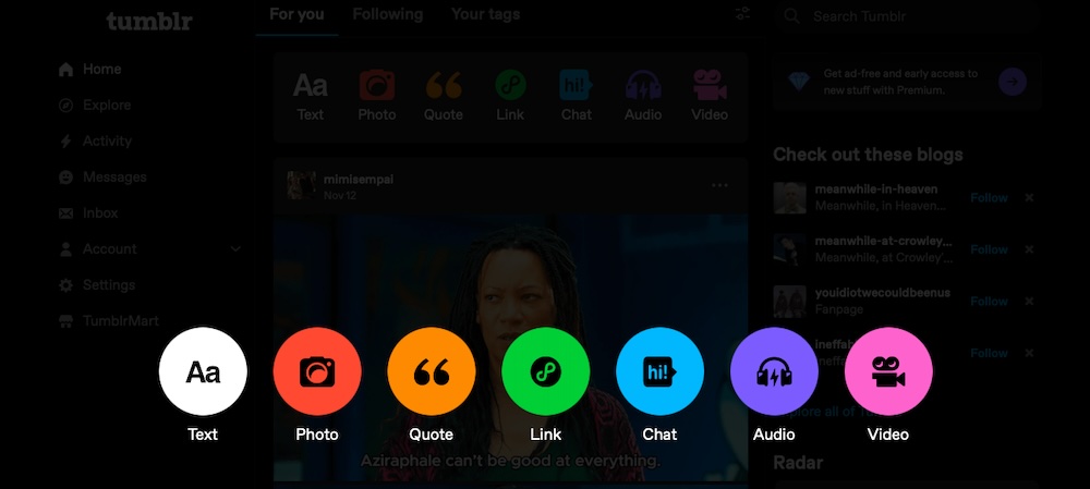 Tumblr content adding/sharing interface with navigation icons such as Text, Photo, Audio, Video.