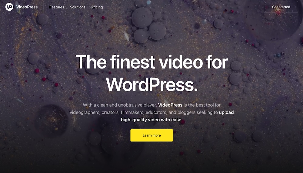 Homepage hero on videopress.com with main title, paragraph copy, and "learn more" call to action.