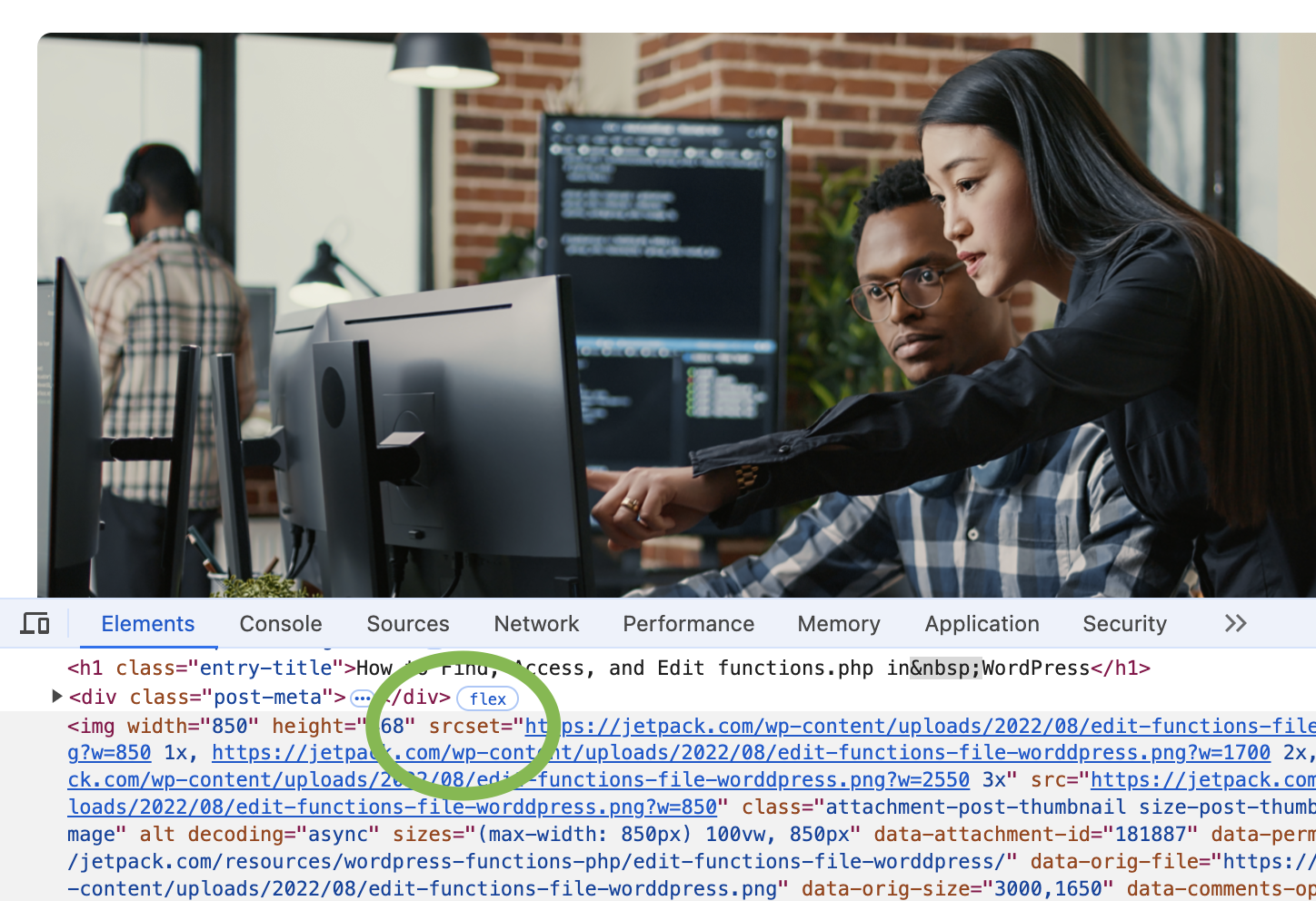 finding the srcset element in WordPress code