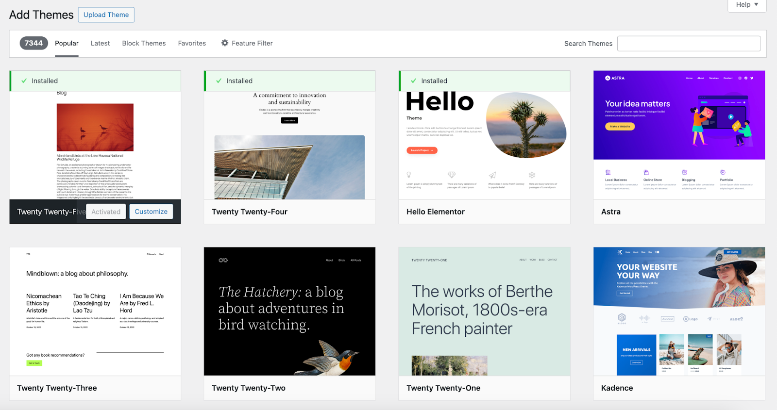 choosing a theme in the WordPress library