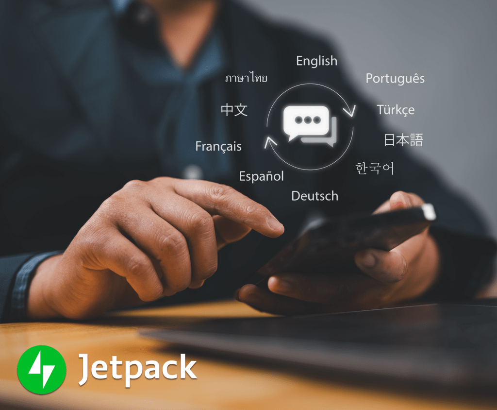 man using a phone with different languages added on top