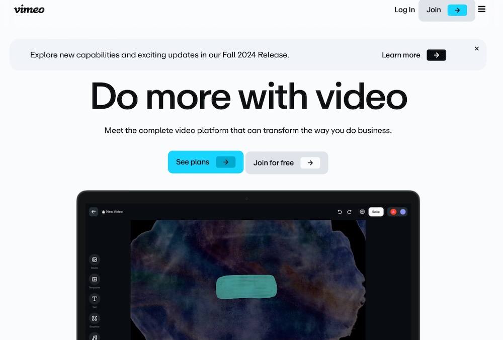 Homepage hero on vimeo.com with main title, paragraph copy, and "see plans" and "join for free" calls to action.