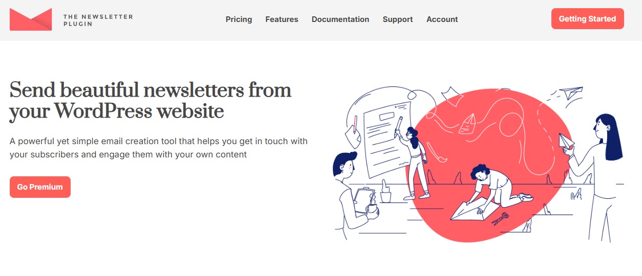 La página del plugin The Newsletter con el texto «envía boletines atractivos desde tu sitio web de WordPress»