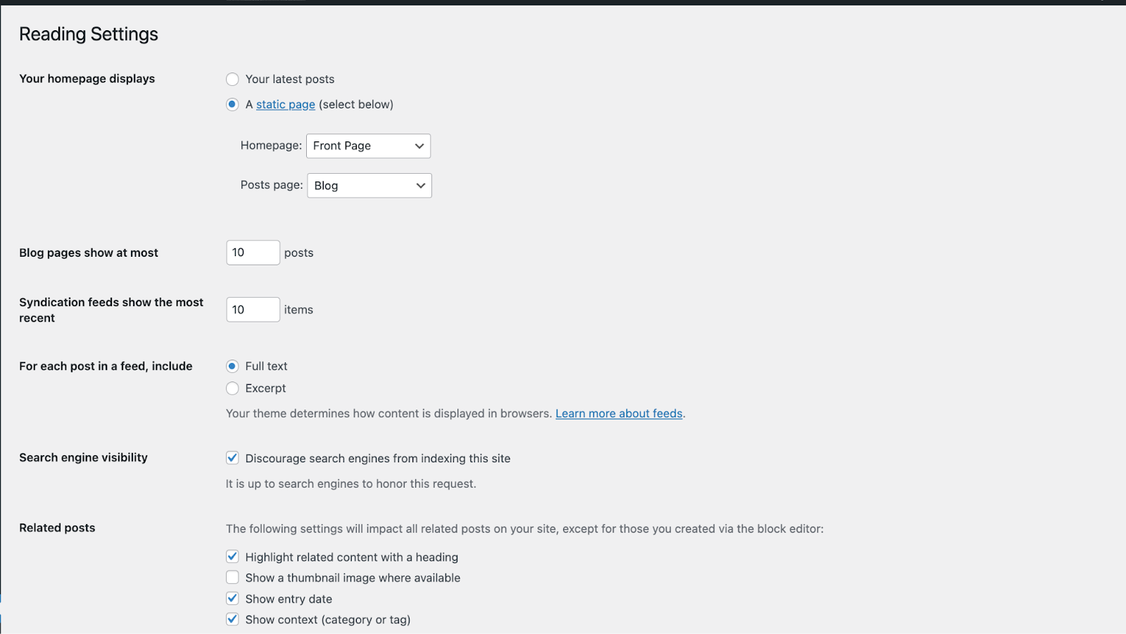 reading settings in WordPress