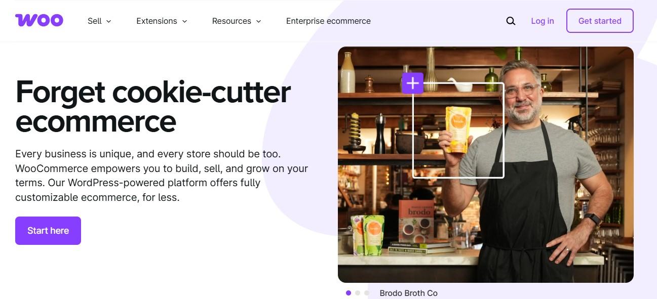 WooCommerce homepage with a photo from online store Brodo and text saying, "forget cookie-cutter ecommerce"