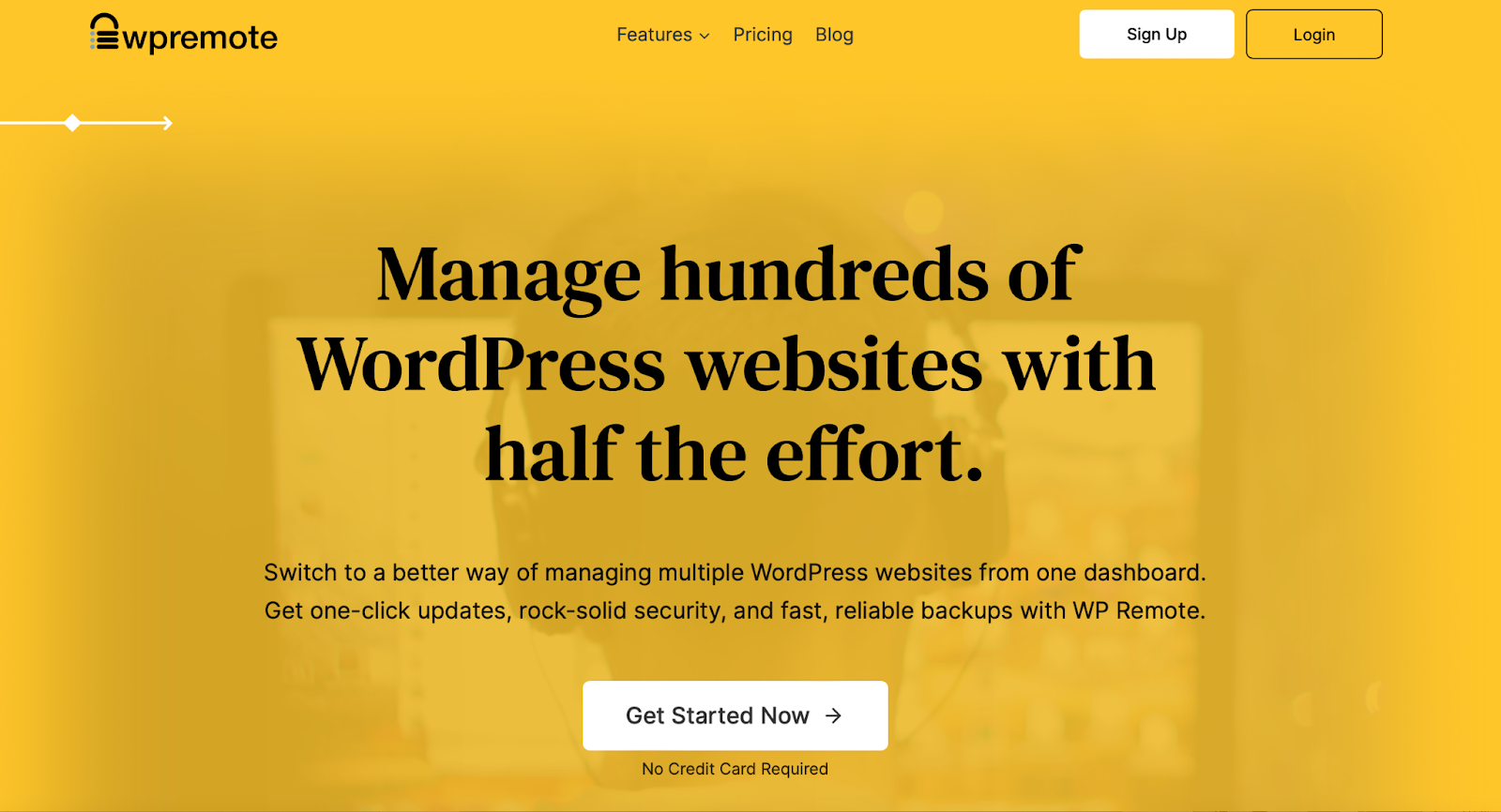 WPRemote homepage with the txt "manage hundreds of WordPress websites..."