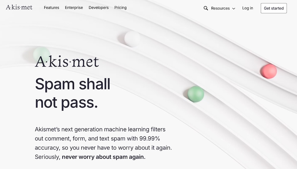 Akismet homepage with the text "Spam shall not pass"