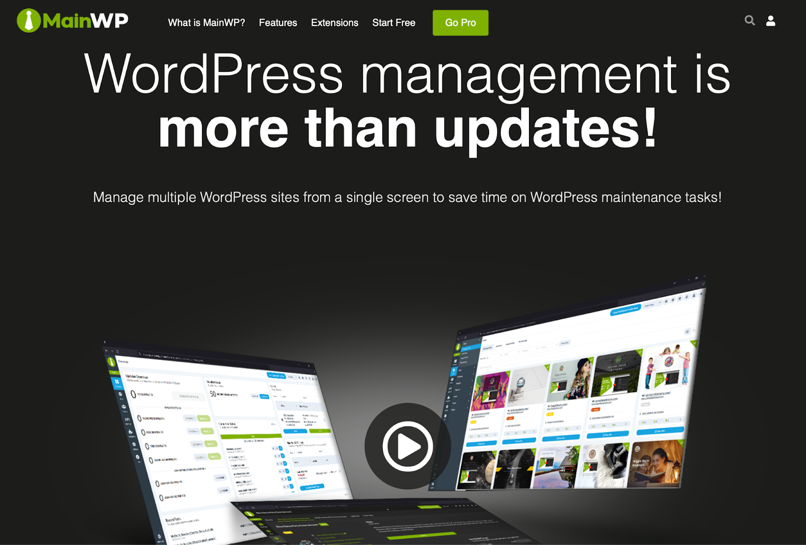 MainWP homepage with the text "WordPress management is more than updates!"