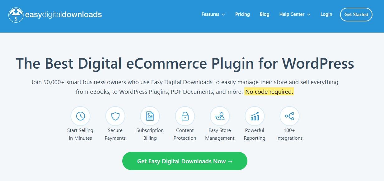 Easy Digital Downloads homepage with the text "the best digital eCommerce plugin for WordPress"