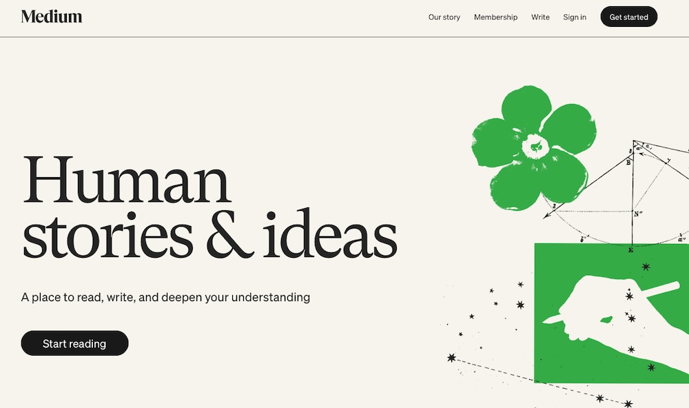 Homepage hero on Medium.com with main title,  paragraph copy, and a "Start reading" call to action.