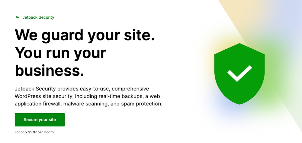 Jetpack Security homepage hero with title, paragraph copy, and "Secure your site" call to action.