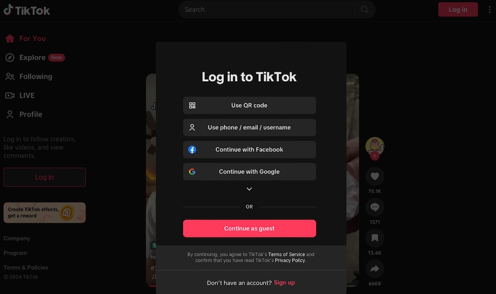 Homepage hero on tiktok.com with login options displaying in popup form as the primary call to action.