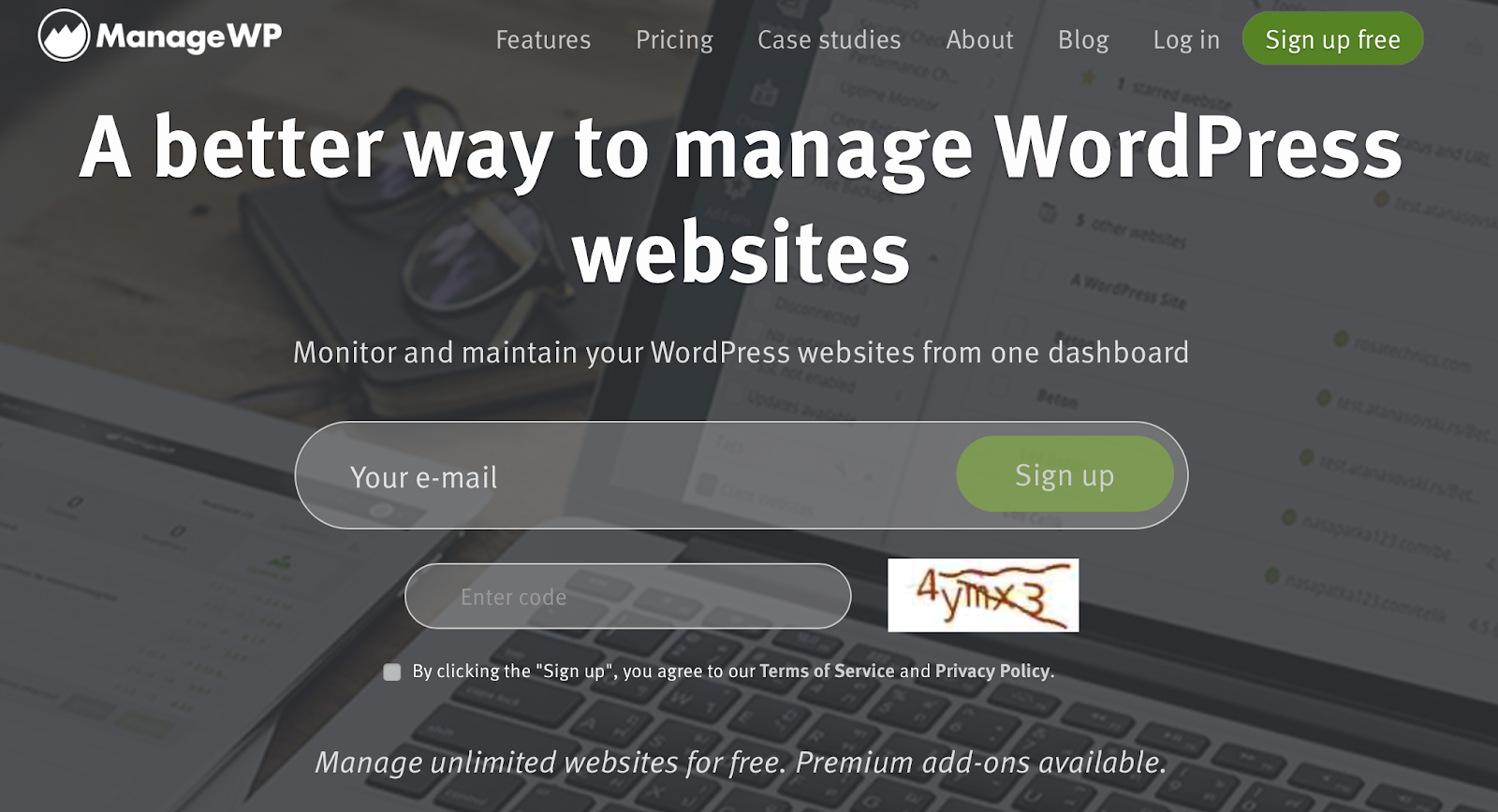 ManageWP homepage with an email signup form