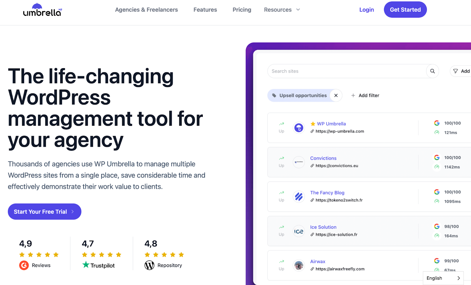 Umbrella homepage with the text "the life-changing WordPress management tool for your agency"