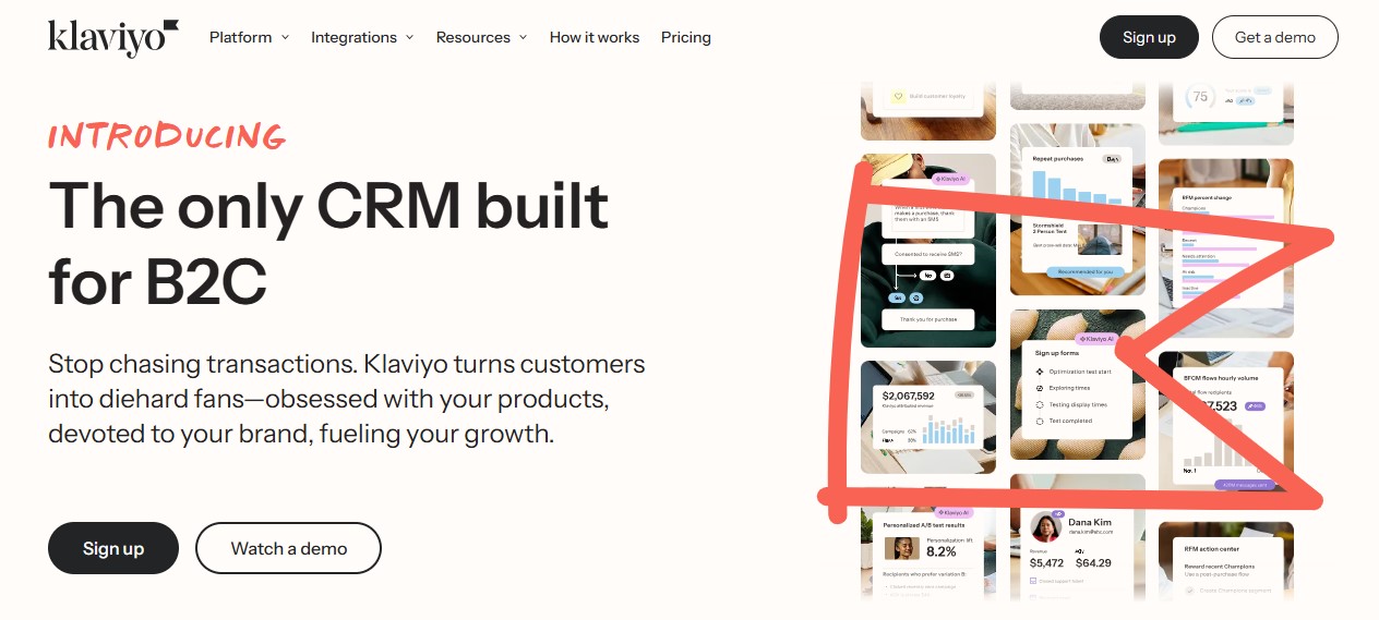 Klaviyo homepage with information about their services