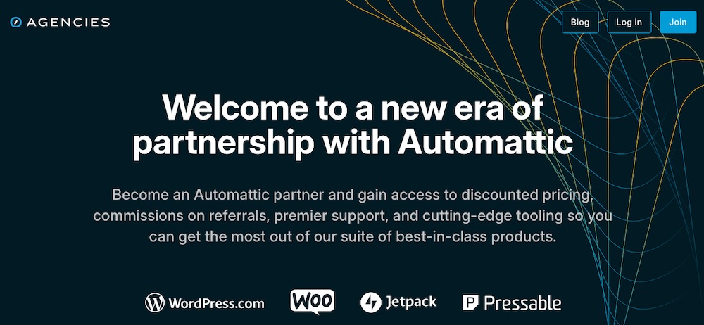 Automattic for Agencies homepage with the text "Welcome to the new era of partnership with Automattic"