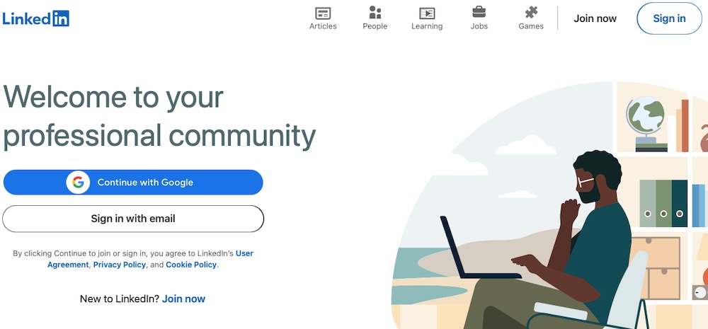 Homepage hero on linkedin.com with main title, graphic, and login options.