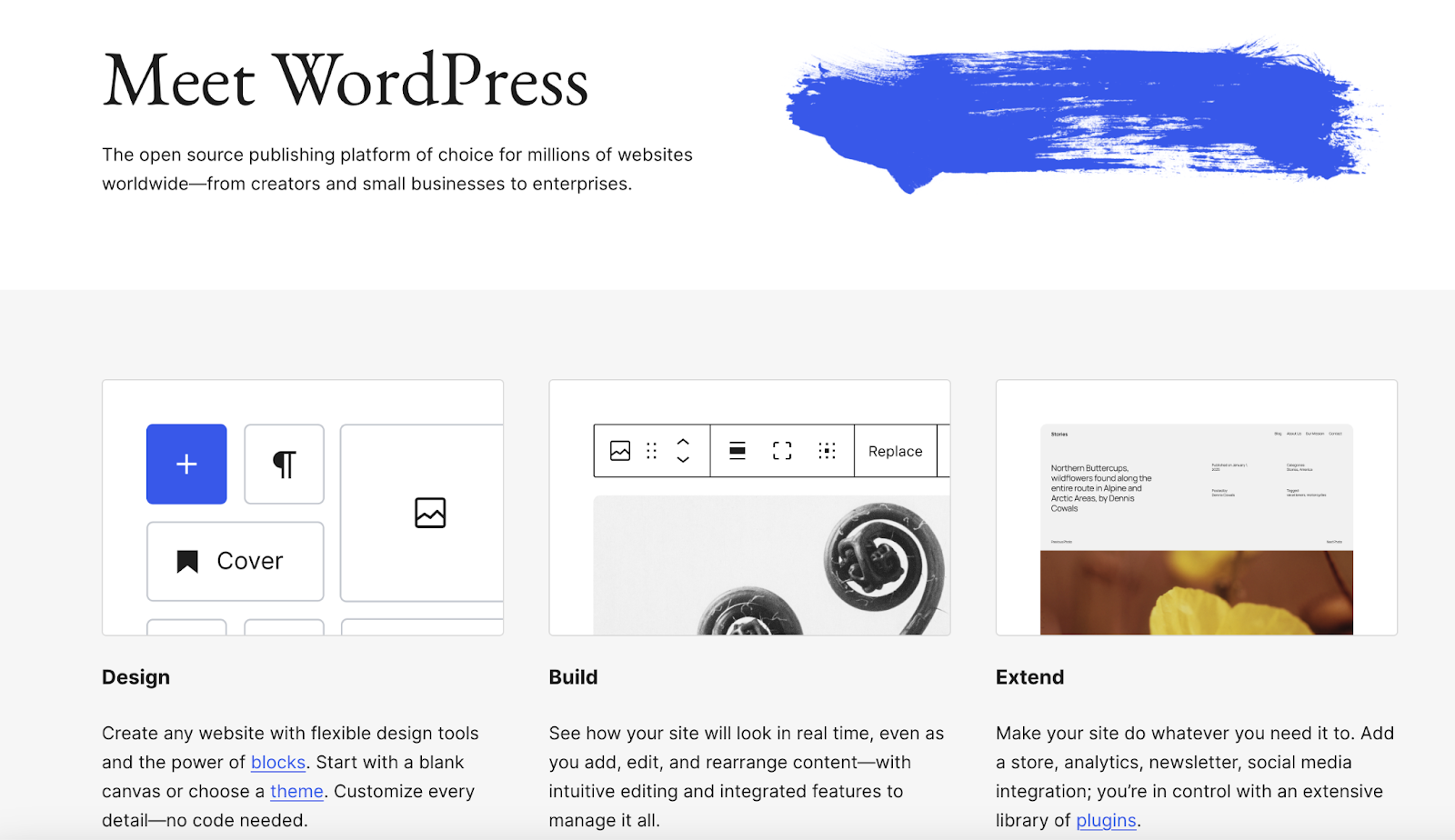 Homepage hero on WordPress.org with title, paragraph, and three columns describing core features - design, build, extend.