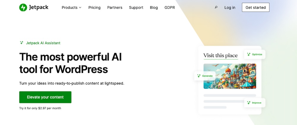 Jetpack AI Assistance homepage hero with title, paragraph copy, and "Elevate you content" call to action.