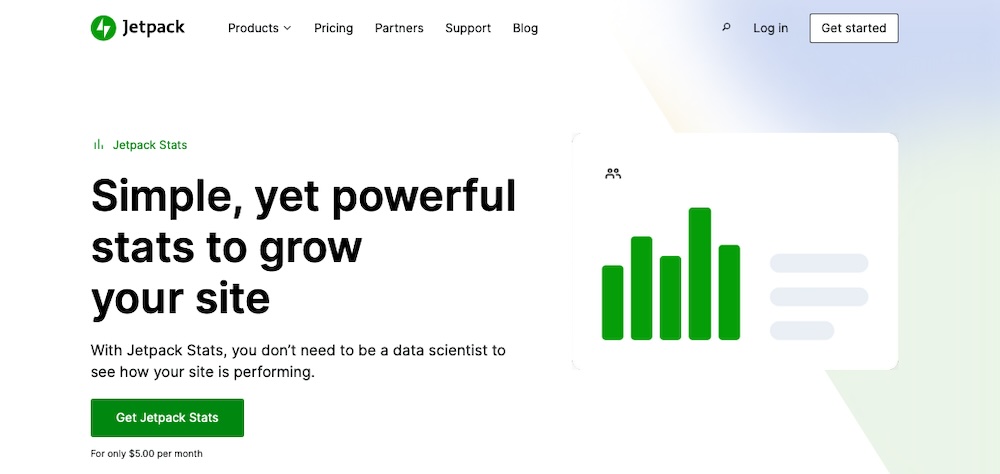 Jetpack Stats homepage hero with title, paragraph copy, and "Get Jetpack Stats" call to action.