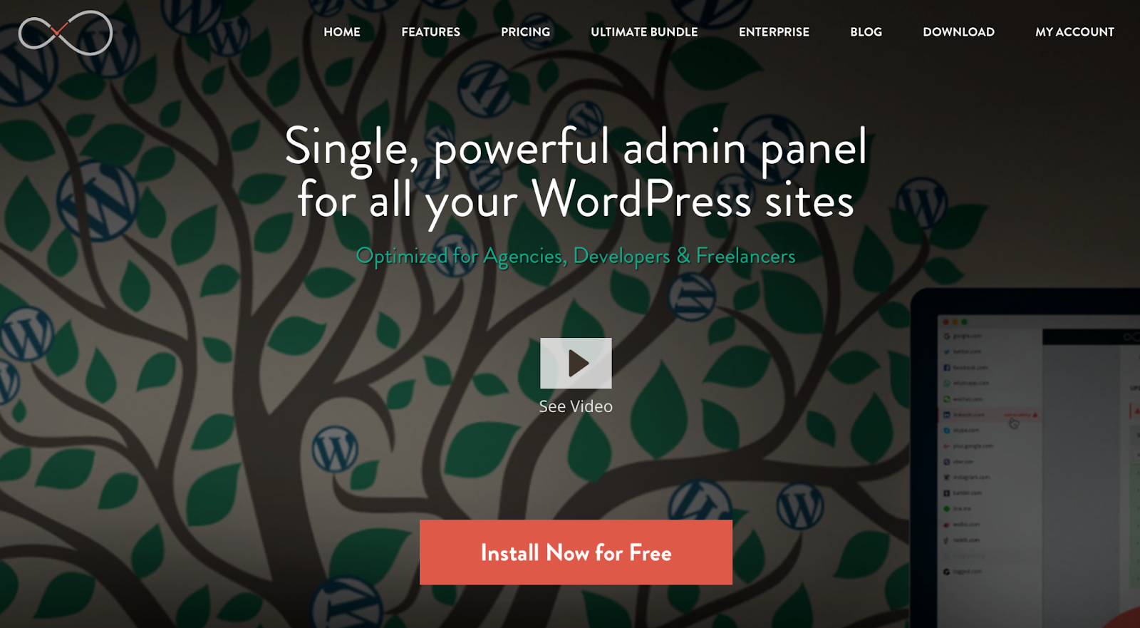 InfiniteWP homepage with the text "single, powerful admin panel..."