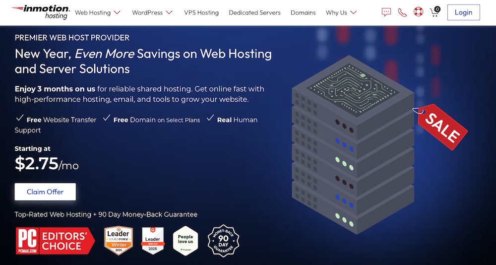 Homepage hero section on inmotionhosting.com with title, paragraph, image, and 'Get Started' button.