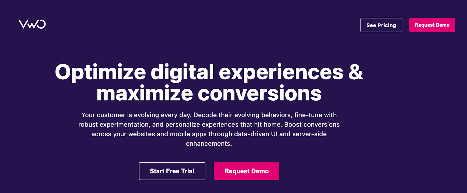 VWO homepage hero section with title, paragraph, and "Start Free Trial" and "Request Demo" buttons.