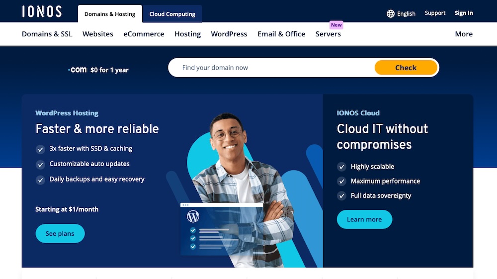 Homepage hero section on IONOS.com with title, paragraph, image, and 'See Plans' button.