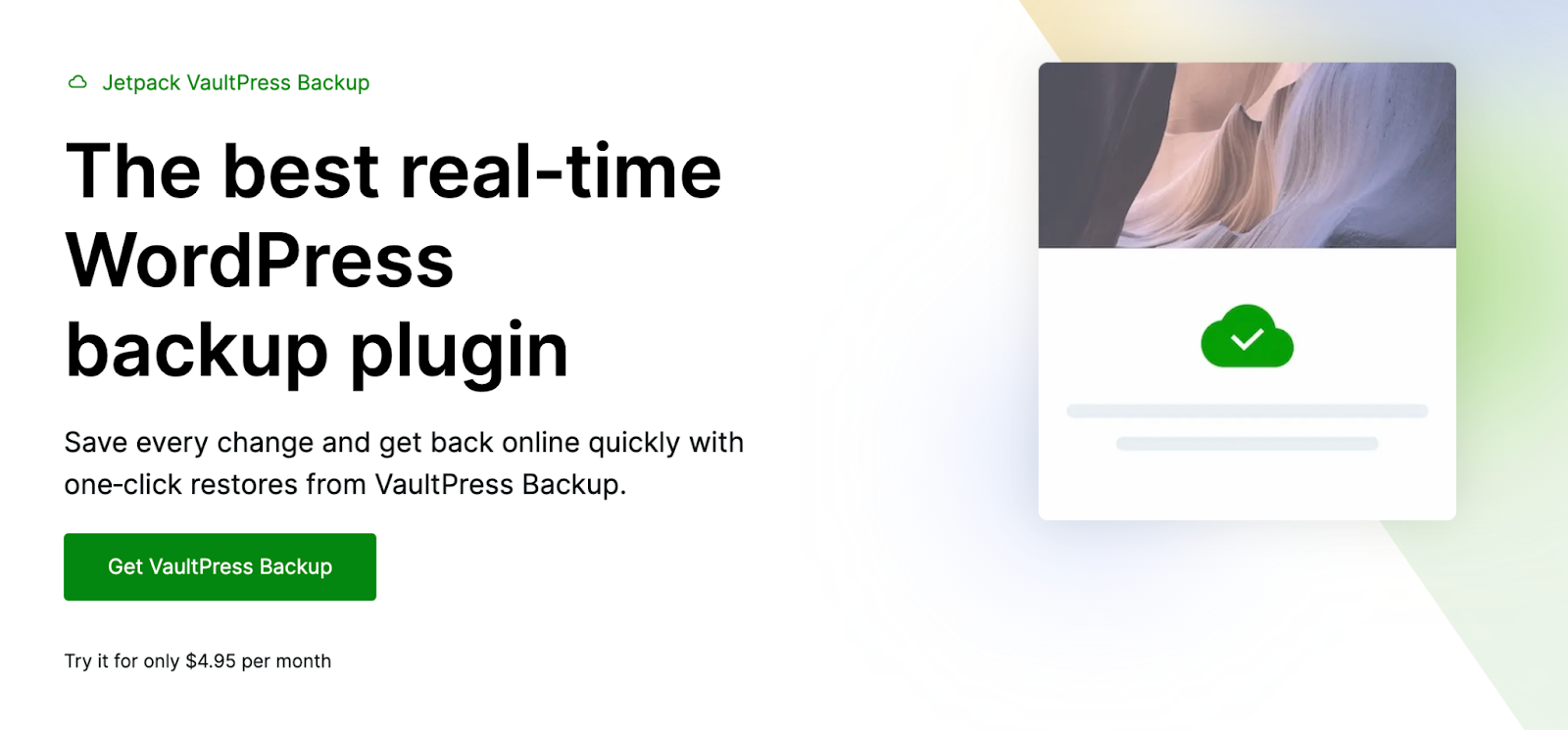 Jetpack VaultPress Backup homepage with the text "the best real-time WordPress backup plugin"