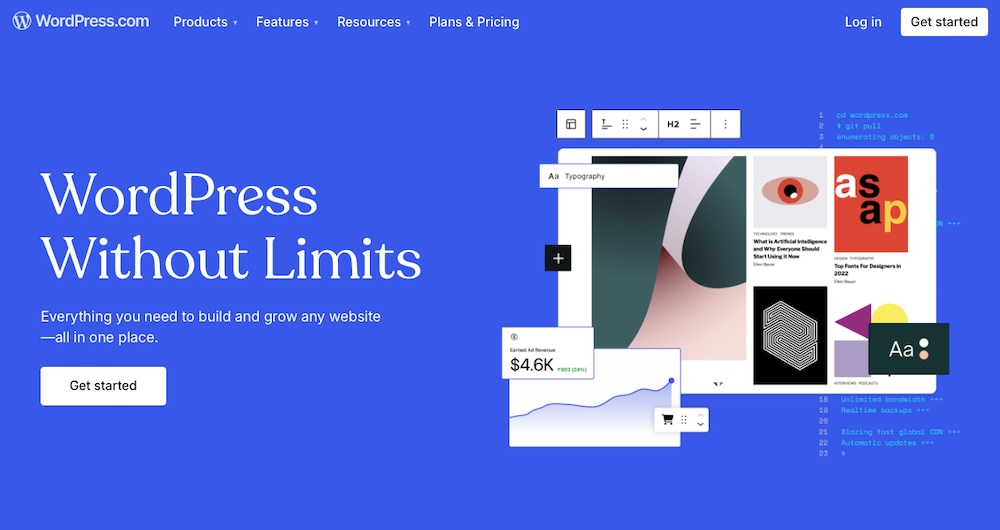 Homepage hero section on WordPress.com with title, paragraph, image, and 'Get Started' button.
