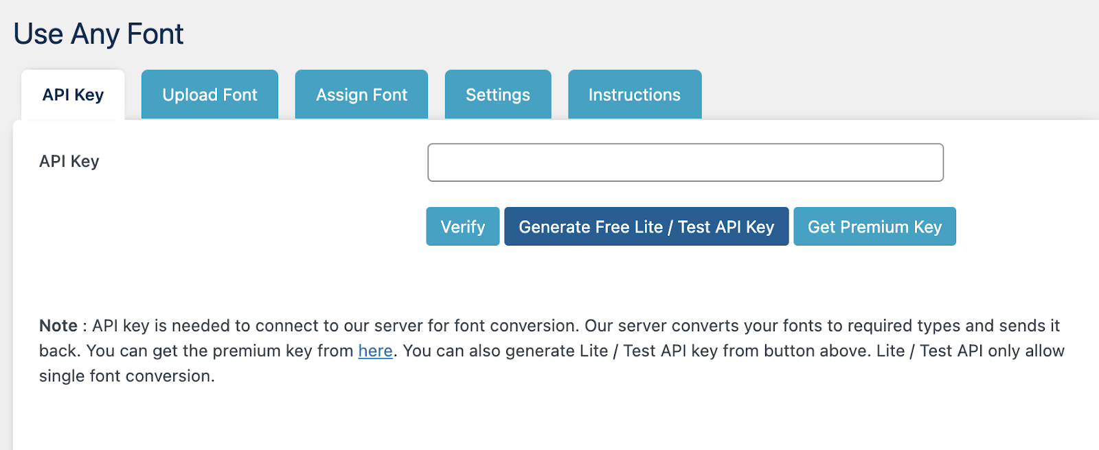 settings for API keys for the Use Any Font plugin