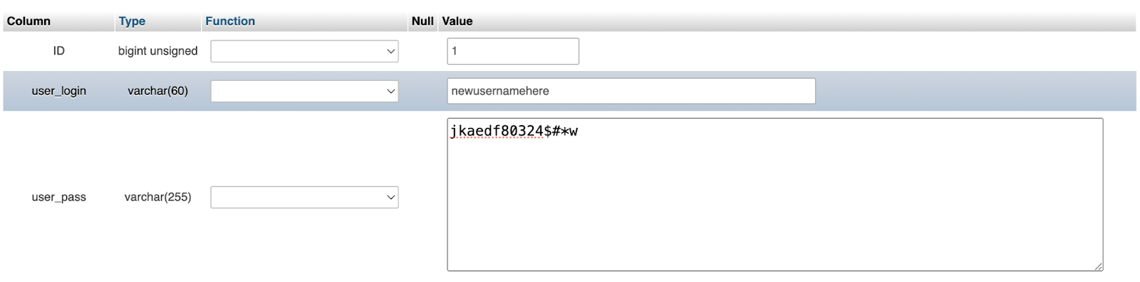 changing a username using phpmyadmin