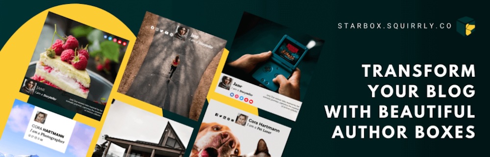 Encabezado del plugin Starbox con el texto «Transforma tu blog con hermosos cuadros de autor»