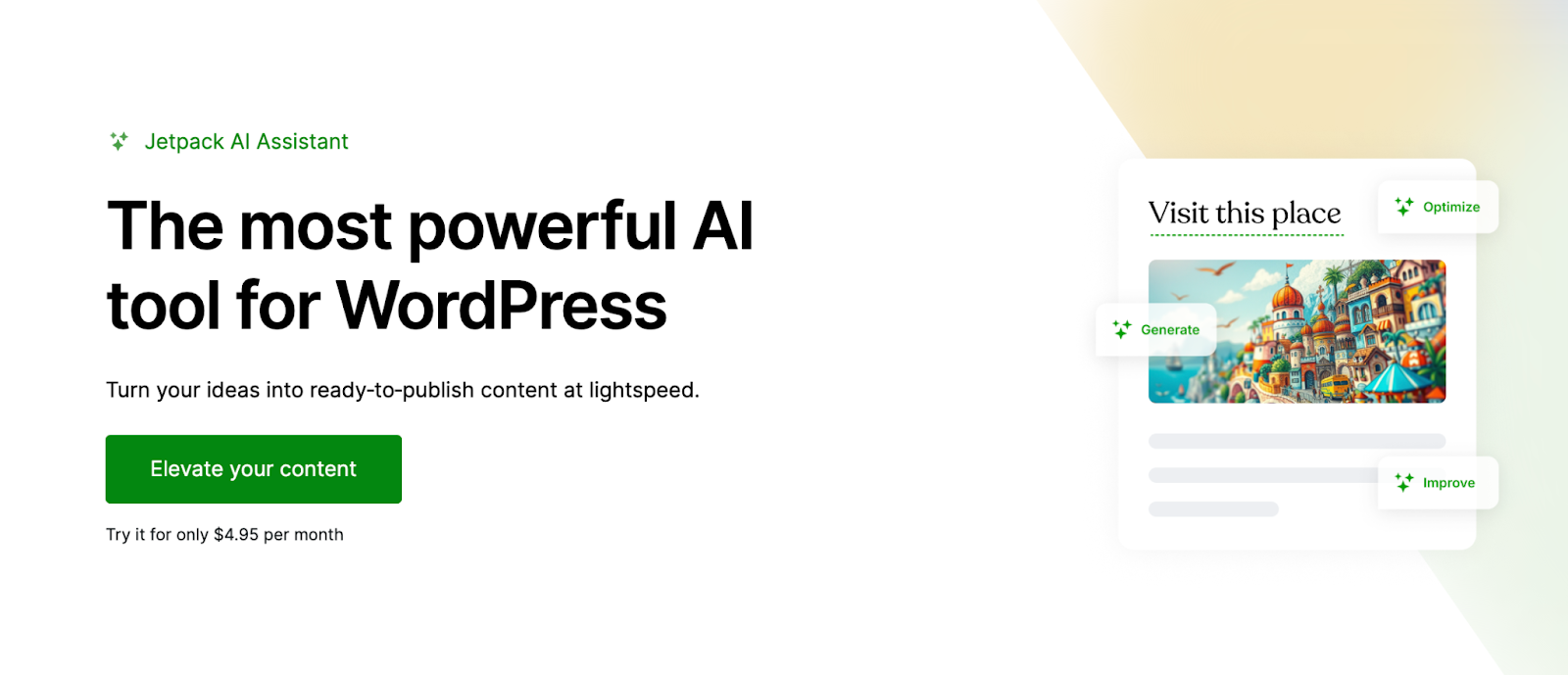 Jetpack AI Assistant homepage hero section with title, paragraph, and "Elevate your content" button.