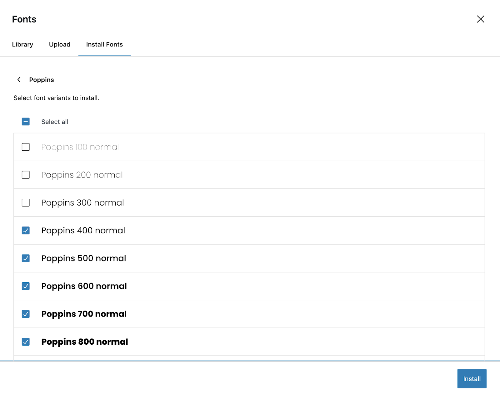 selecting font variants in Google Fonts