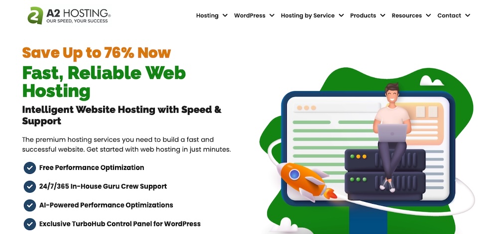 Homepage hero section on a2hosting.com with title, paragraph, image, and feature list.