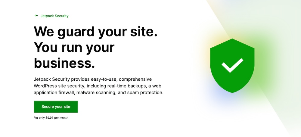 Homepage hero section on Jetpack Security with title, paragraph, image, and 'Secure your site' button.