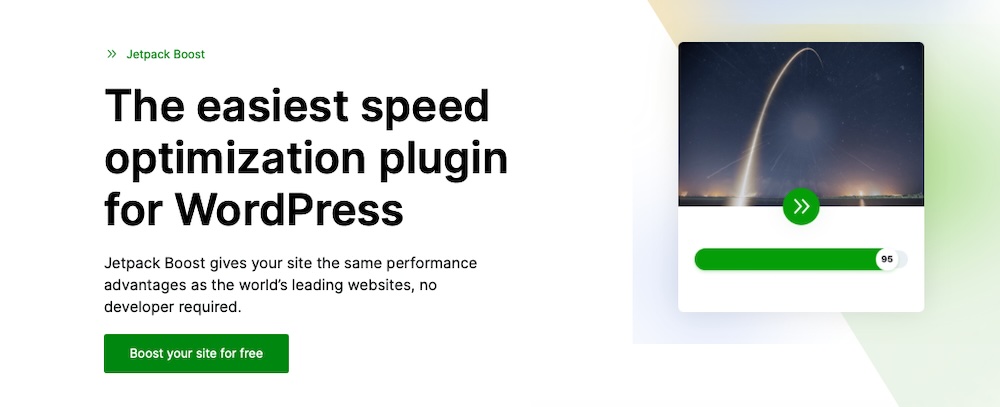 Homepage hero section on Jetpack Boost with title, paragraph, image, and 'Boost your site for free' button.