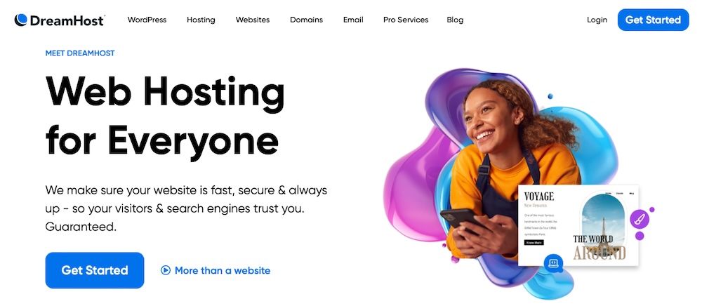 Homepage hero section on dreamhost.com with title, paragraph, image, and 'Get Started' button.