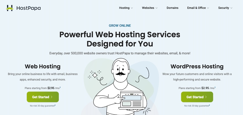 Homepage hero section on hostpapa.com with title, paragraph, image, and 'Get Started' buttons.