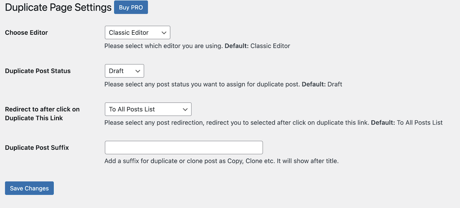 list of Duplicate Page settings