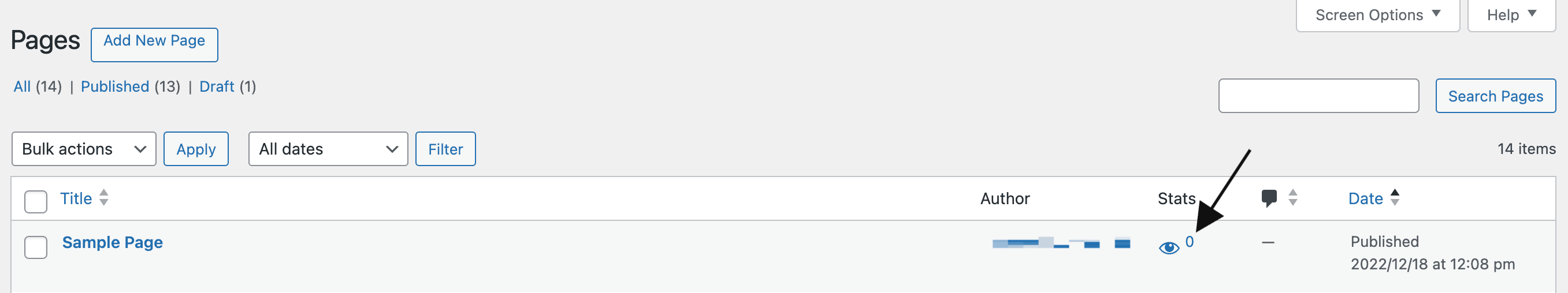 Screenshot of the WordPress Pages list in the admin dashboard, displaying the Stats column with an eye icon indicating the number of views for a sample page.