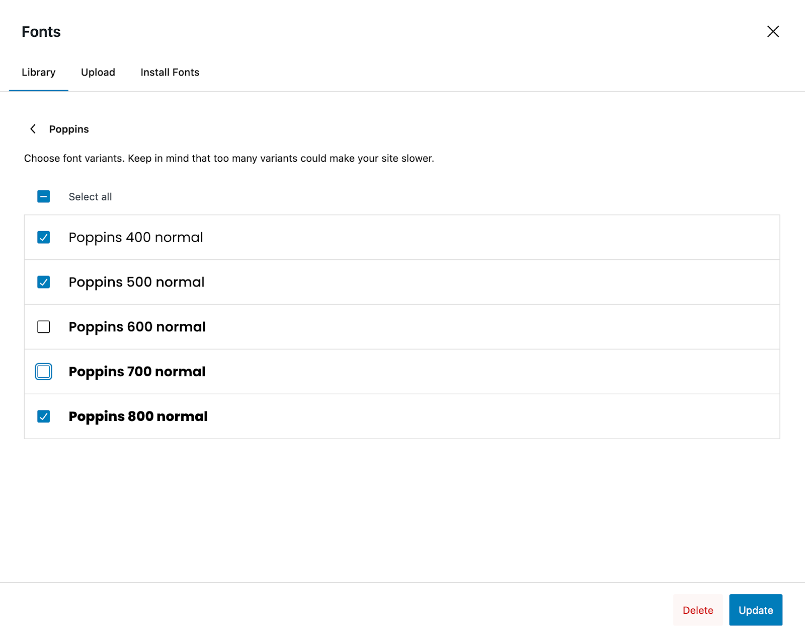 checking boxes next to font variants